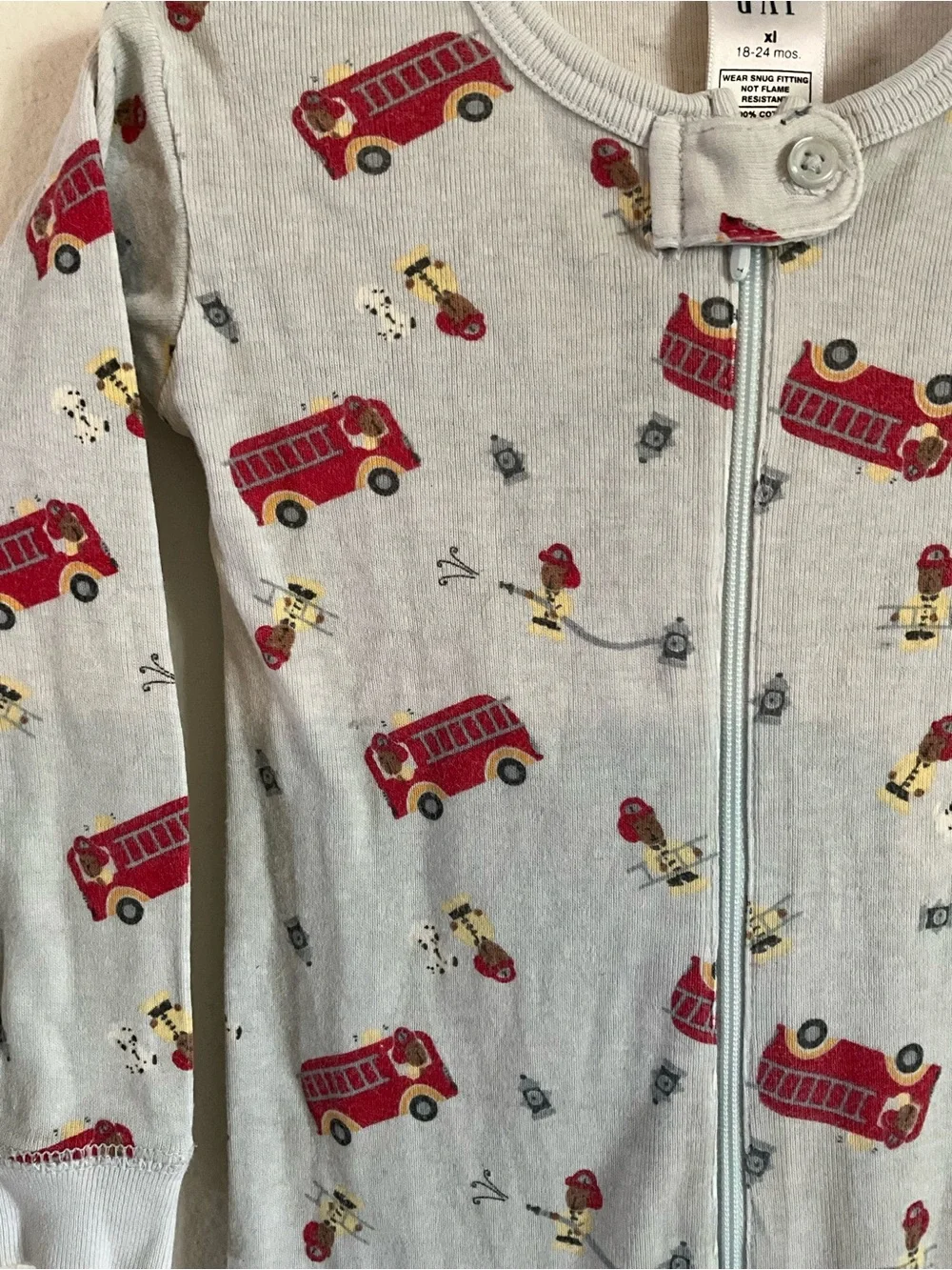 Vintage GAP Blue Gray Footed One-Piece Pajamas with Red Fire Trucks 18-24